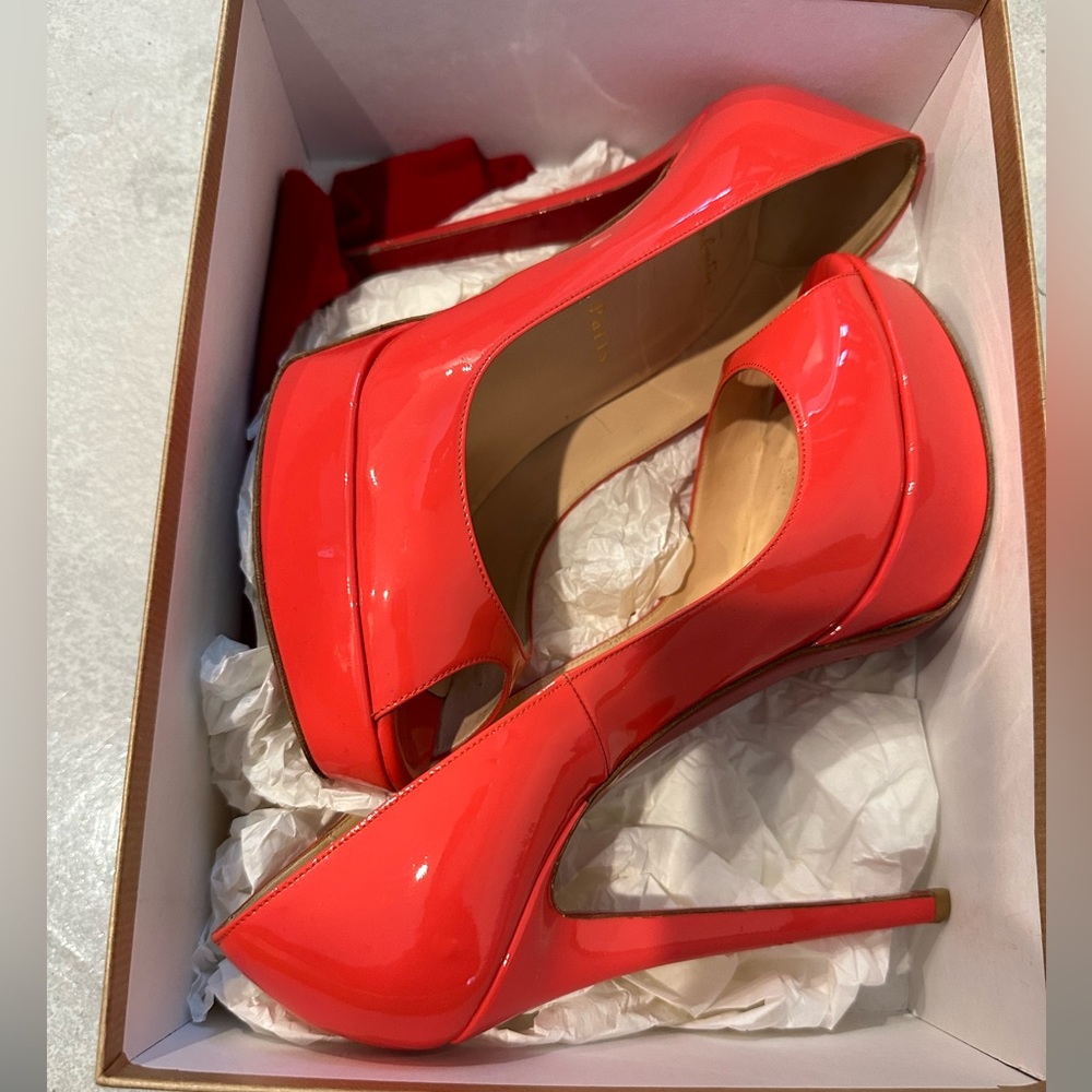 Christian Louboutin banana 140 patent calf heels in coral